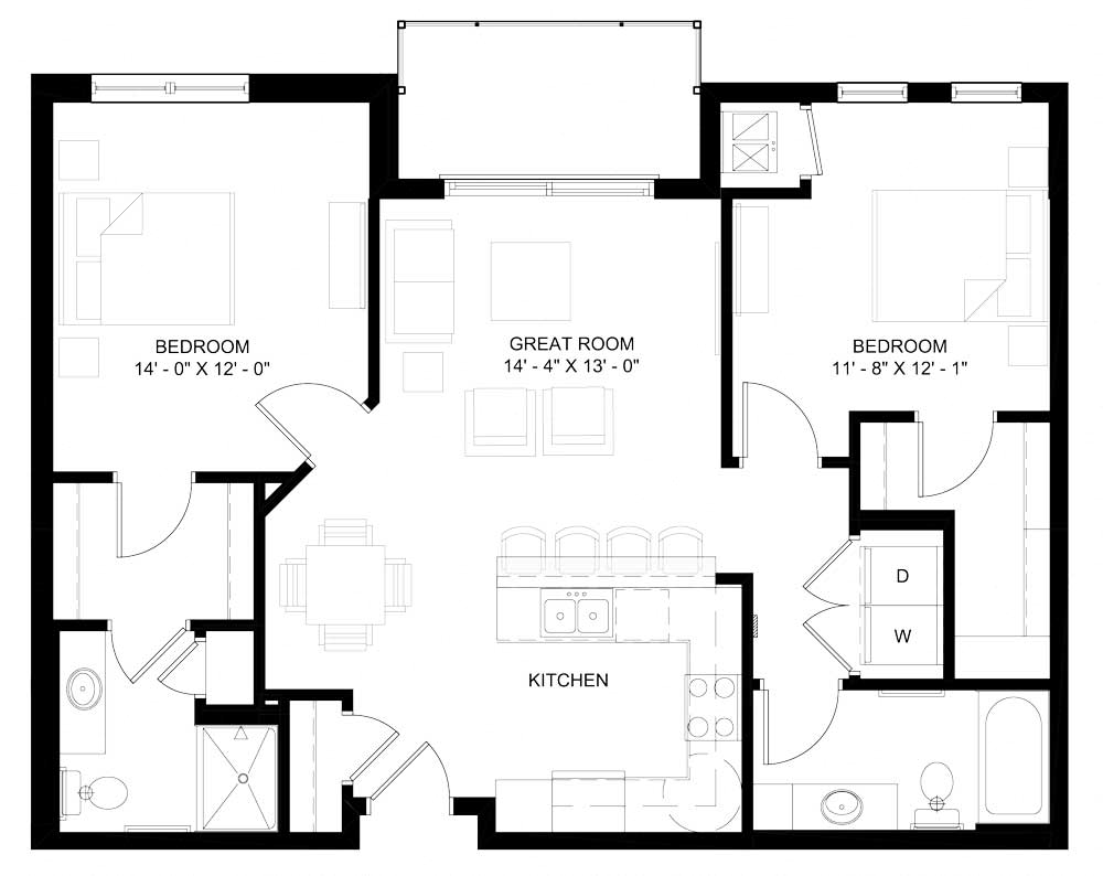Floor plan for 2 beds, 2 baths, 1067 sqft